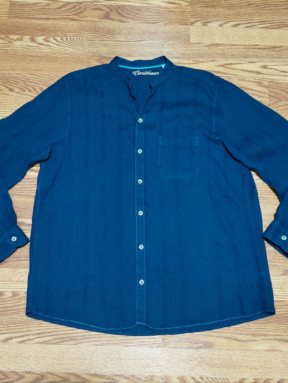 Caribbean Open Neck Button-Down Shirt Men Sz XL Blue Linen Blend Textured Shirt